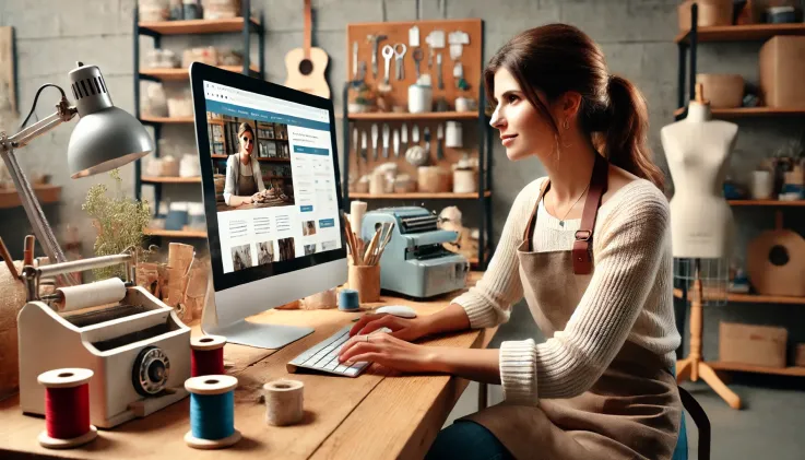 Une artisane dans un espace de travail moderne, assise devant son écran d&apos;ordinateur et mettant à jour le site Web de son entreprise. La scène devrait la montrer concentrée